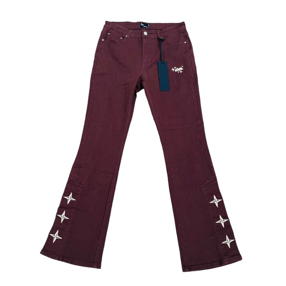 Men's Burgundy Flared Bootcut Jeans with Star Embroidery